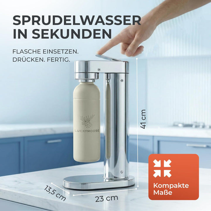 Luckymoose Infinity-S Wassersprudler aus hochwertigem Edelstahl (Silver/Sand) – inkl. 2x 1,25L Edels