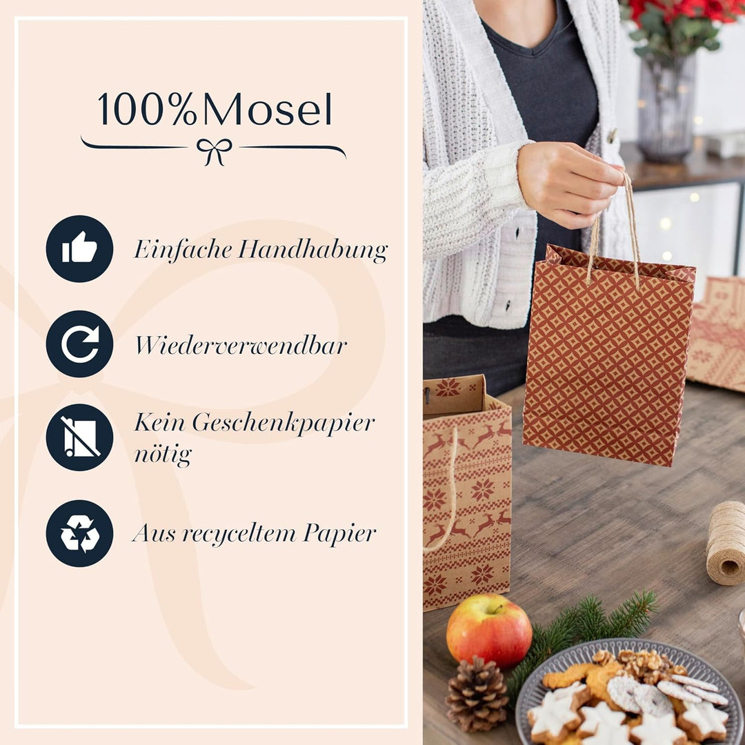 100% Mosel Geschenktüten Weihnachten, in Natur/Rot, 12 Stück (18 x 23 x 8 cm), Weihnachtstaschen aus