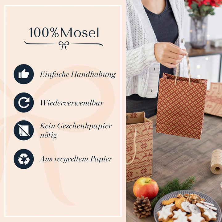 100% Mosel Geschenktüten Weihnachten, in Natur/Rot, 12 Stück (18 x 23 x 8 cm), Weihnachtstaschen aus
