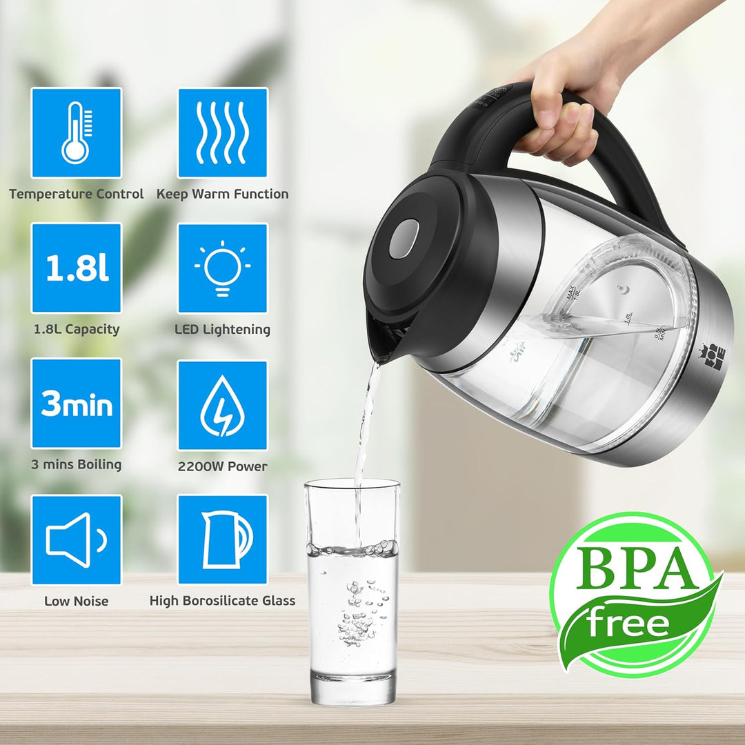ForMe Glas Elektrischer Wasserkocher mit Teesieb 1,8L, Temperatureinstellung, Temperaturwahl 40°C bi