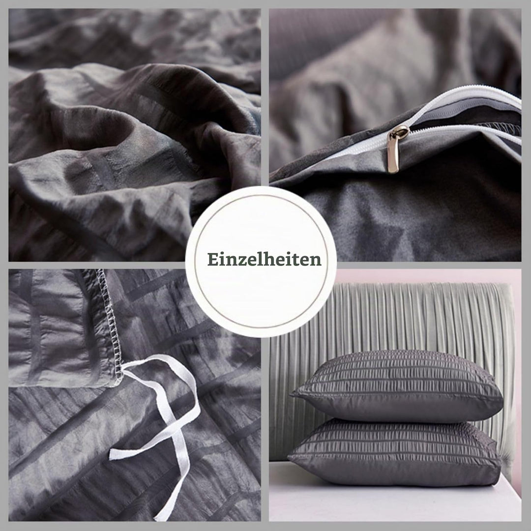 Freyamy Seersucker Bettwäsche 200x220cm 3teilig Grau Geprägt Streifen Strukturiert Bettwaren-Sets Un