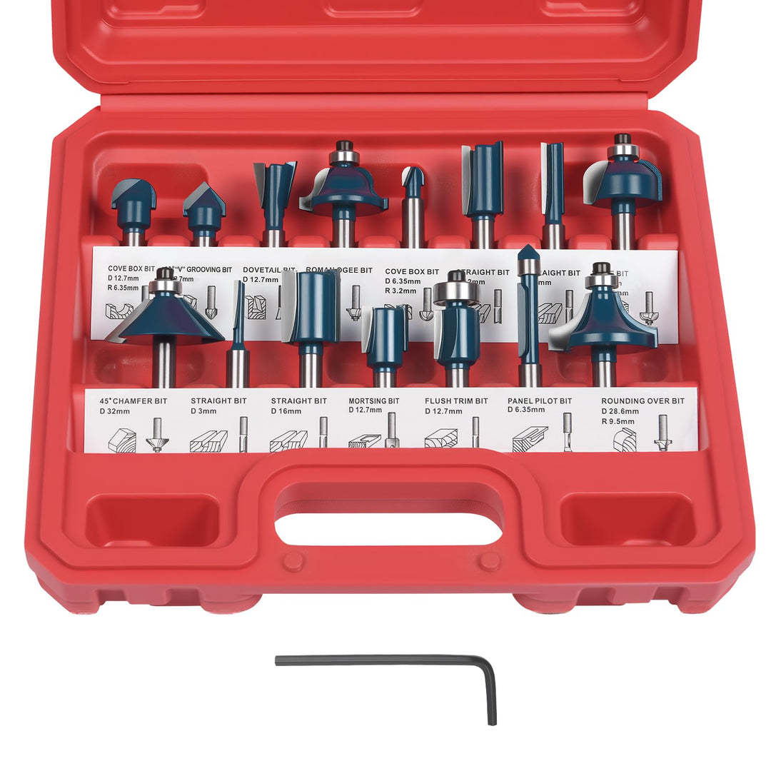 flintronic Fräser-Set, 6.35MM Fräsen Werkzeug Set, 15-tlg Holzkoffer Geschmiedeter Werkzeugstahl Obe