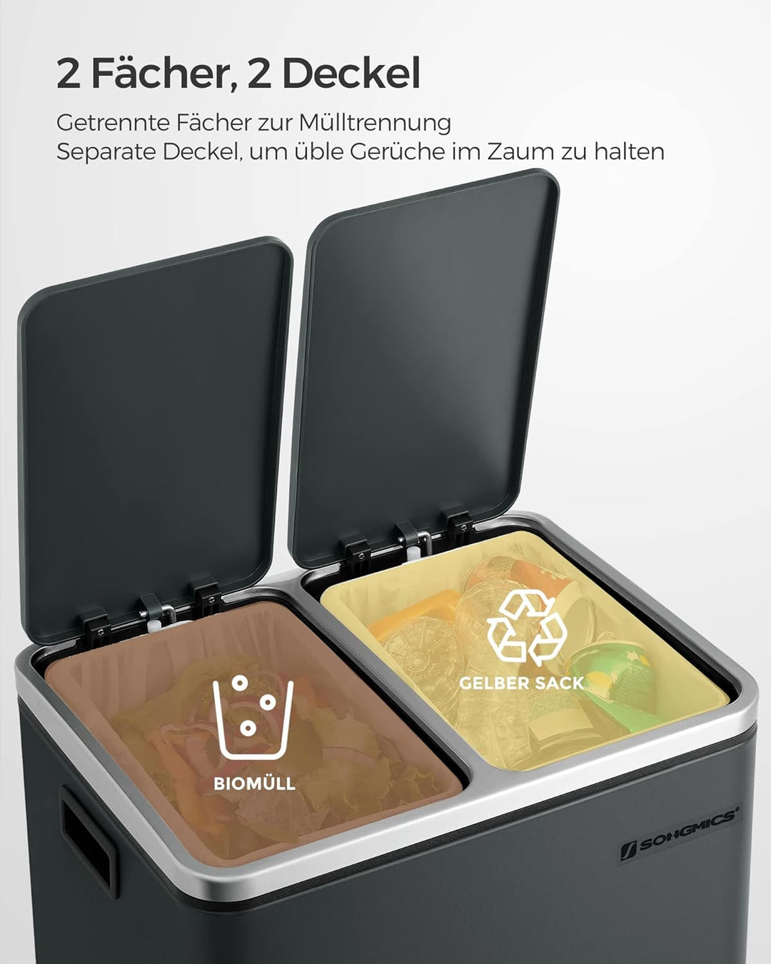 SONGMICS Mülleimer Küche, 2 x 15 L, Mülltrennsystem, Abfalleimer aus Metall, Treteimer mit Inneneime