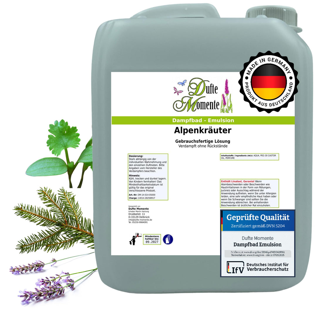 Dufte Momente Dampfbad-Emulsion 5 Liter Alpenkräuter | Gebrauchsfertig | Hochwertige Formel | Für ge