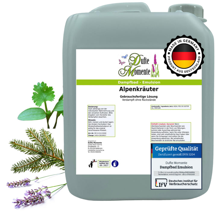 Dufte Momente Dampfbad-Emulsion 5 Liter Alpenkräuter | Gebrauchsfertig | Hochwertige Formel | Für ge