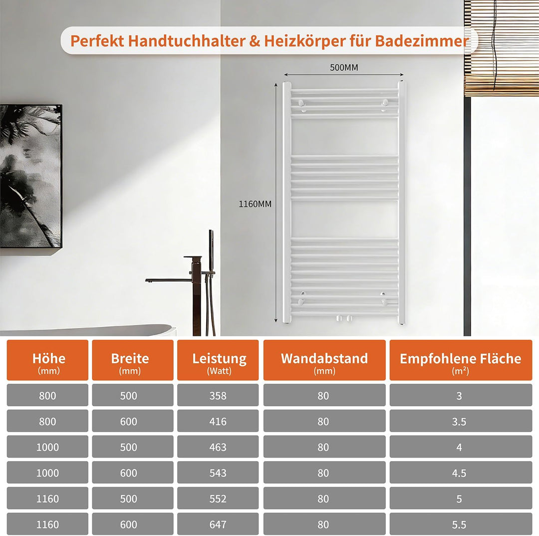 Badheizkörper Seitenanschluss 1200x500mm, 500W Handtuchheizkörper & Handtuchtrockner, Einfach Instal
