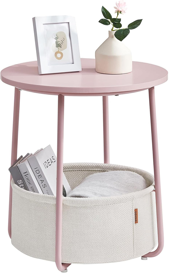 VASAGLE Beistelltisch rund, Kleiner Tisch, Couchtisch klein, Wohnzimmertisch mit Korb aus Stoff, Sta
