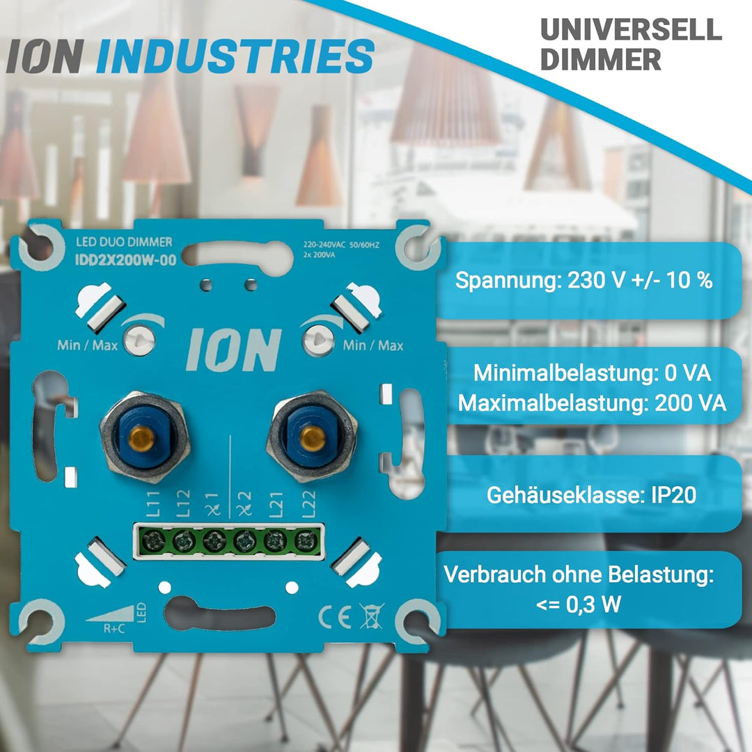 ION INDUSTRIES 2X200W Duo LED Dimmer - Mit Anthrazit Frontplatte - Professioneller Duo Dimmerschalte