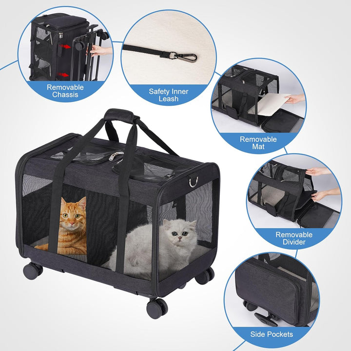 FASNATI Haustier-Tragetasche mit Doppelfach, abnehmbare Räder, für Katze/Hund, Roll-Tragetasche für