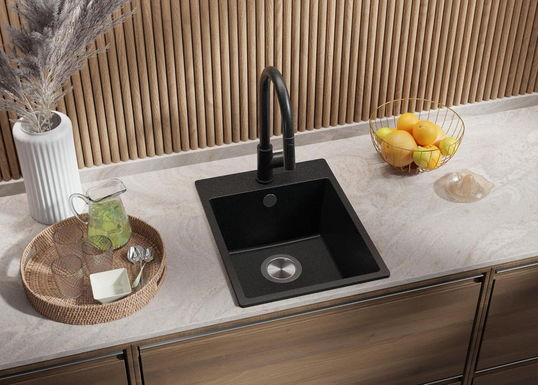 Spülbecken Graphit 38x50 cm, Granitspüle 1 Becken + Ablauf-Set, Küchenspüle ab 40er Unterschrank, Ei