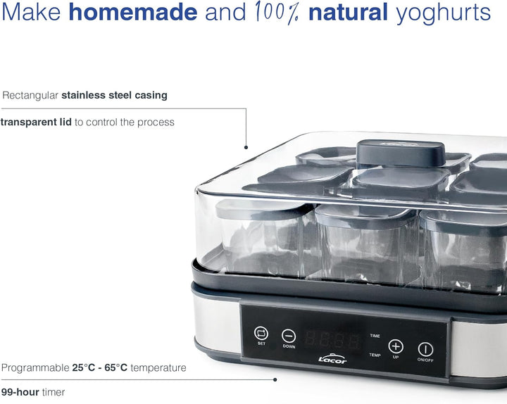 Lacor - 69439 - Deva Joghurtbereiter aus Glas, 9 Gläser im Lieferumfang Enthalten, Einstellbare Temp