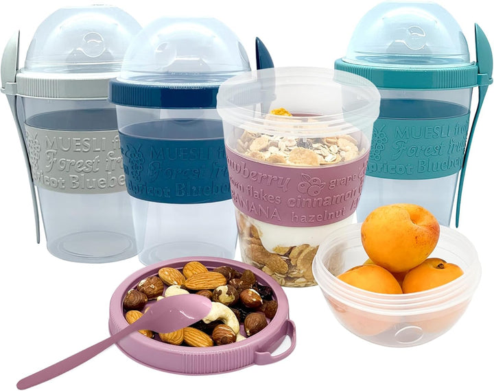Bergmann Joghurtbecher To Go 600ml 4er Set – Müslibecher To Go mit Löffel Müsli To Go Becher mit Dec