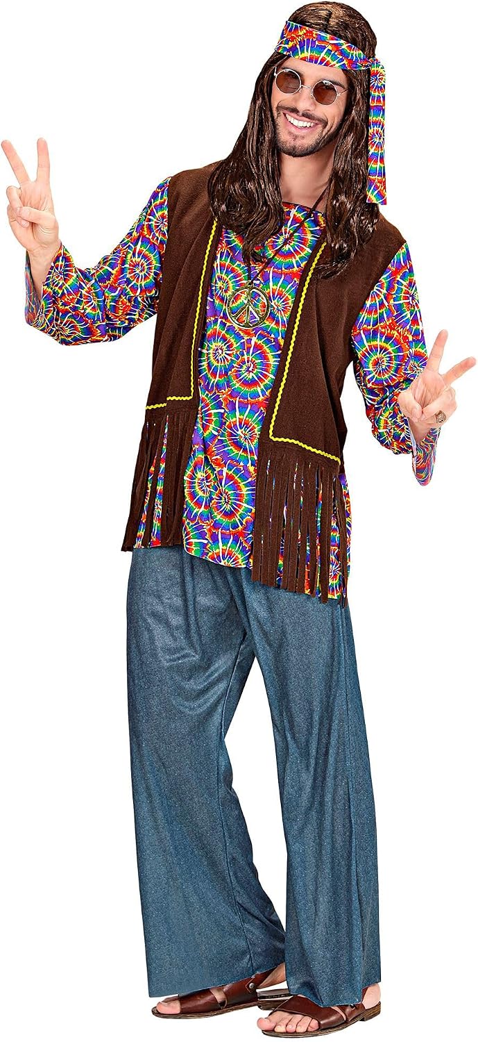 "PSYCHEDELIC HIPPIE MAN" (shirt with vest, pants, headband, necklace) - (M), M