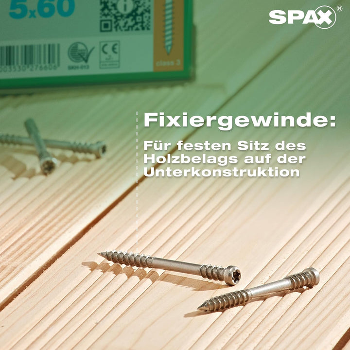 SPAX Terrassenschraube, 5 x 50 mm, 180 Stück, Fixiergewinde, Zylinderkopf, T-STAR plus T25, CUT, Ede