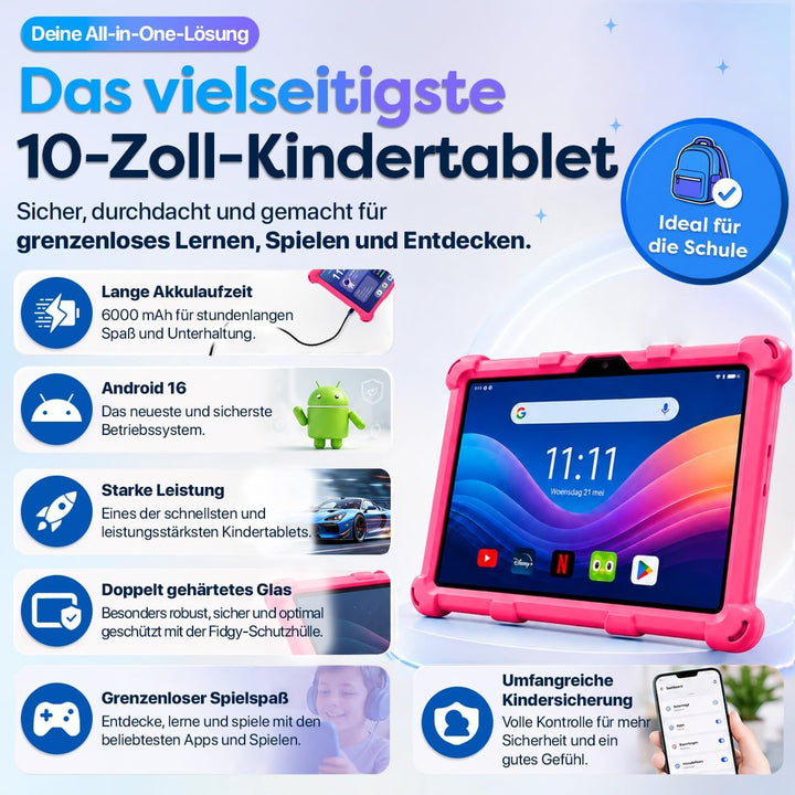 AngelTech Tablet Touchscreen für Kinder XL Pro II – 10 Zoll HD – 4 + 3 GB RAM – 64 + 128 GB ROM – Oc