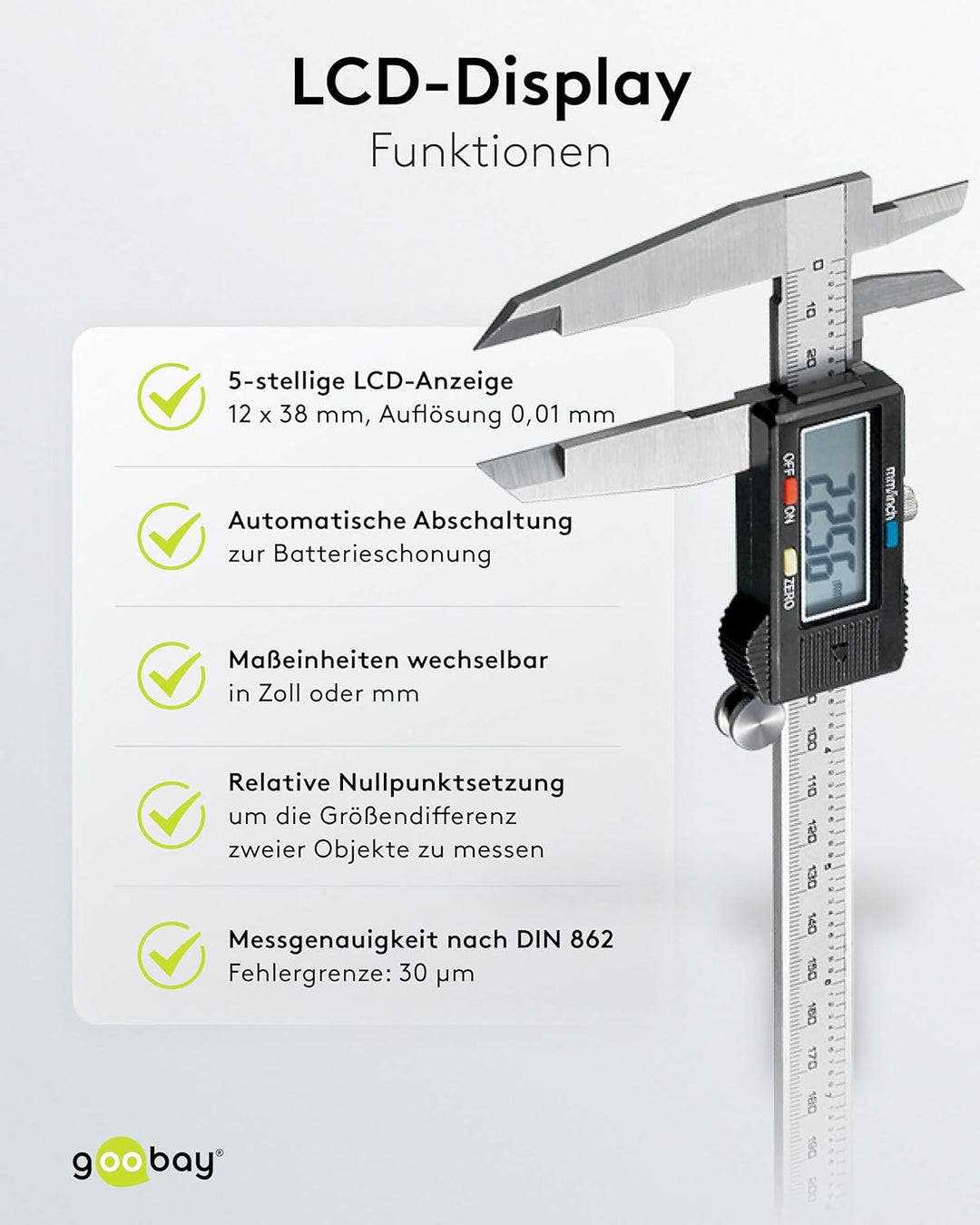 Goobay 77139 Messschieber digital 0 - 300 mm / Elektrische Schieblehre digital 12 Zoll / Für Tiefen-