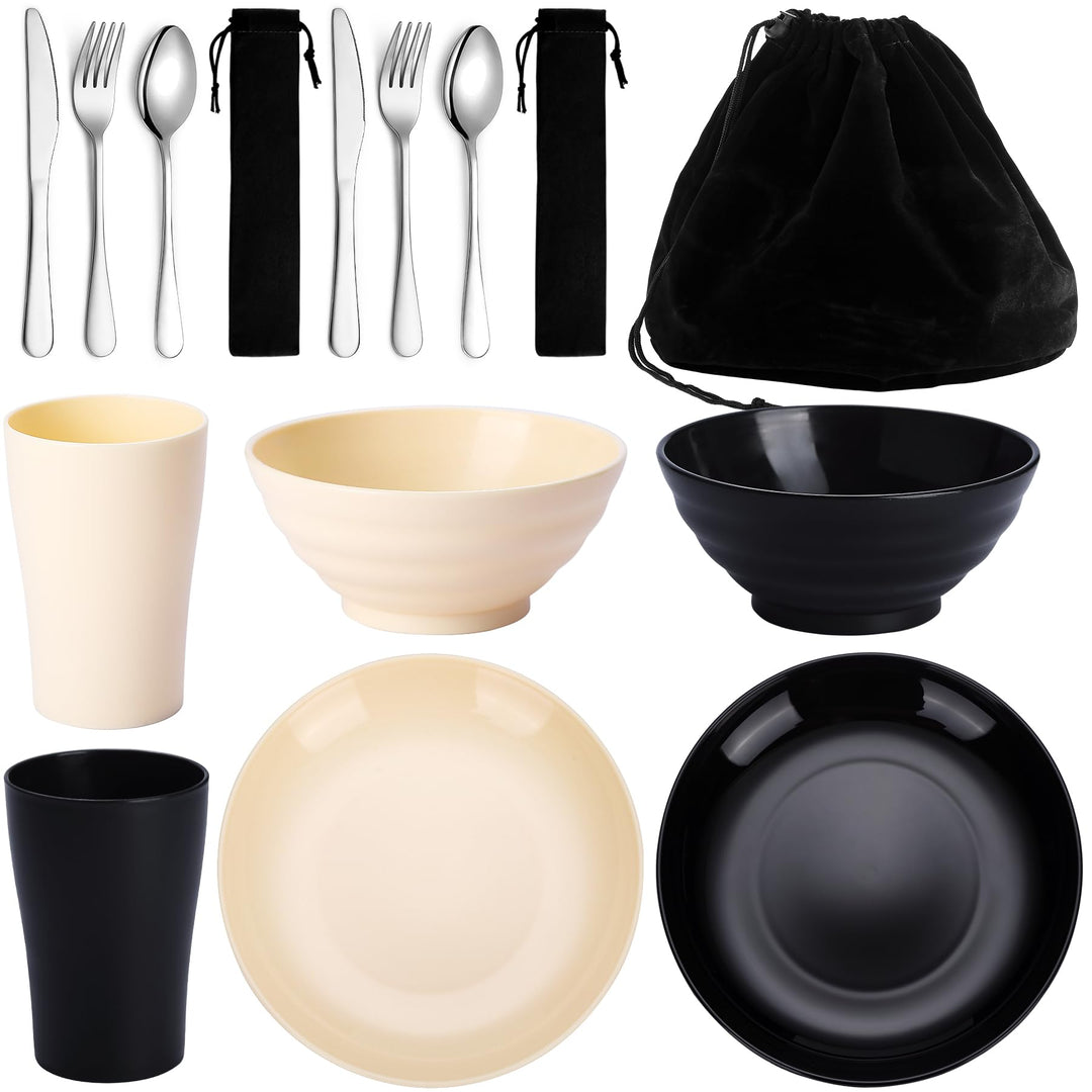 Kyraton Camping Besteck Set, wiederverwendbarer Leichter Becher, Schalen, Teller und Edelstahlbestec