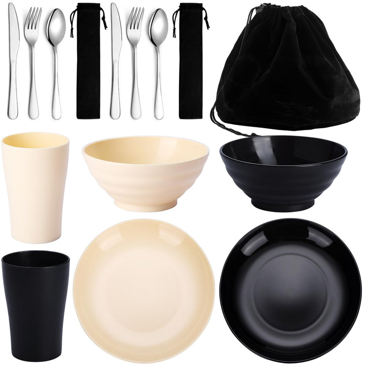 Kyraton Camping Besteck Set, wiederverwendbarer Leichter Becher, Schalen, Teller und Edelstahlbestec