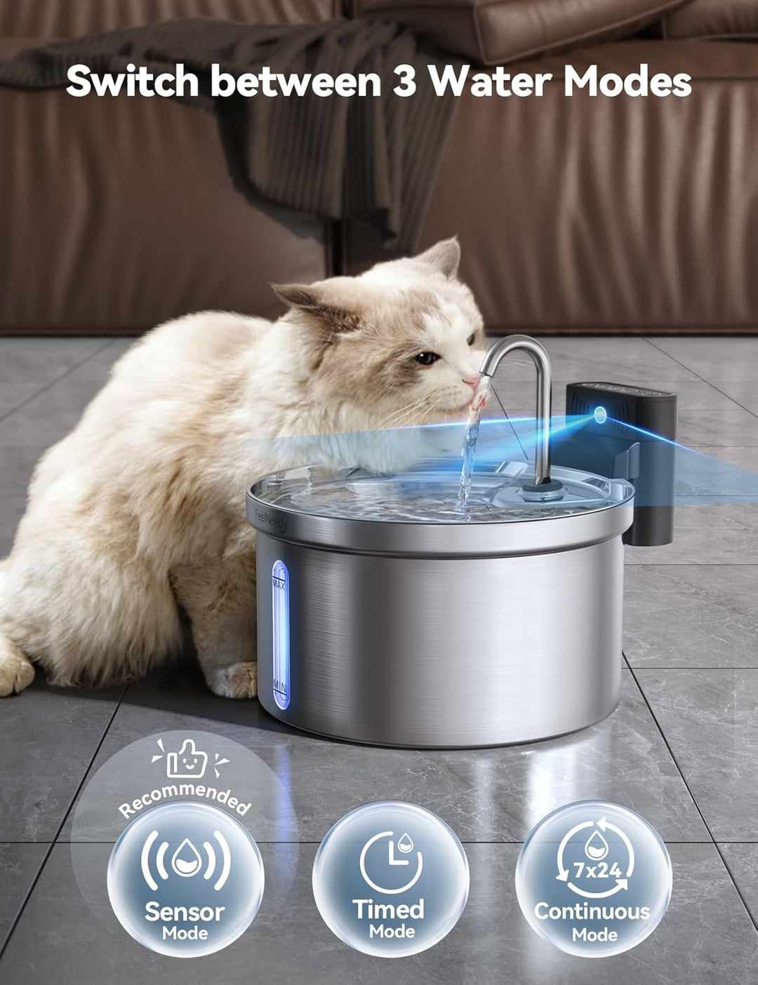 FEELNEEDY 3,5L Katzenbrunnen Edelstahl Kabellos mit Sensor, Trinkbrunnen für Katze mit Akku 4000mAh
