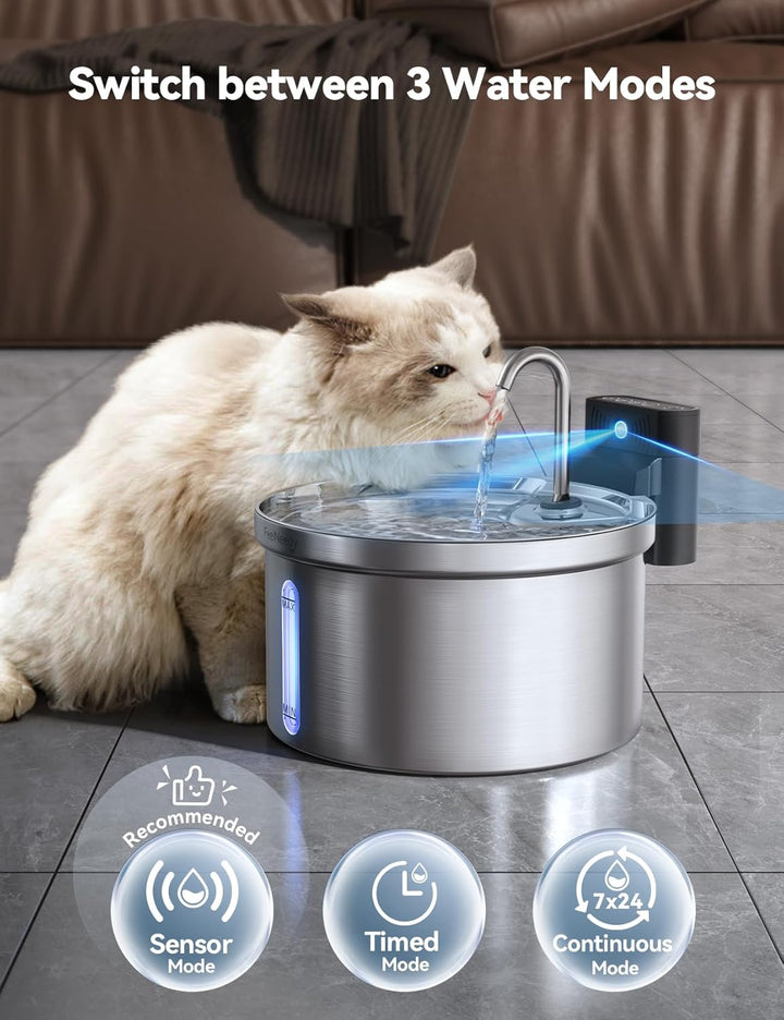 FEELNEEDY 3,5L Katzenbrunnen Edelstahl Kabellos mit Sensor, Trinkbrunnen für Katze mit Akku 4000mAh
