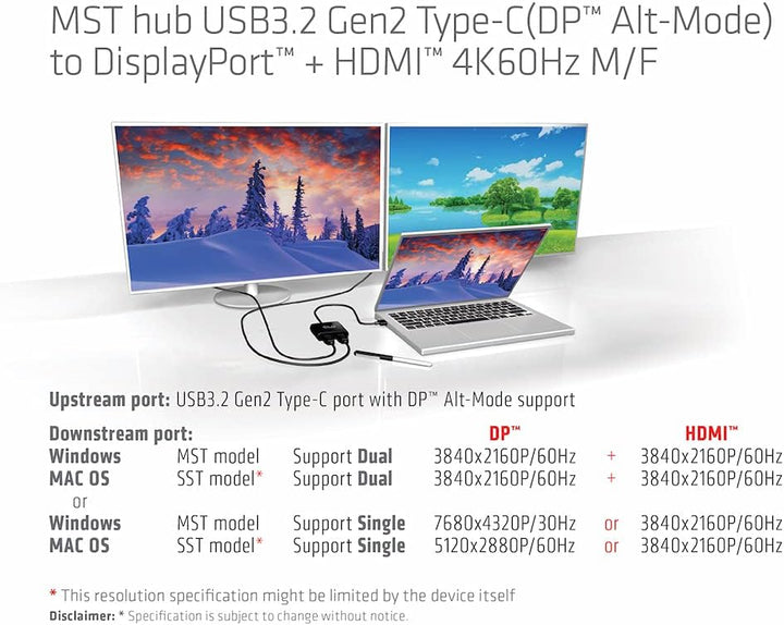 Club 3D MST Hub USB3.2 Gen2 Typ-C(DP™ Alt-Mode) auf DisplayPort™ + HDMI™ 4K60Hz St./B. CSV-1552, CSV