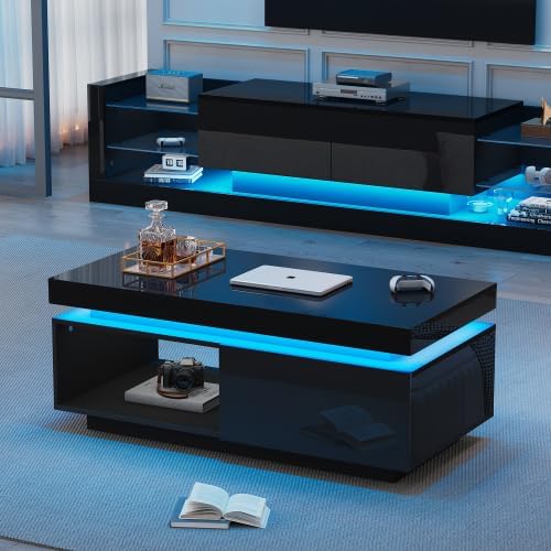 Merax Couchtisch mit LED-Beleuchtung, Hochglanz-Oberfläche, 1 Schublade, 100x50x40 cm, Moderner Sofa