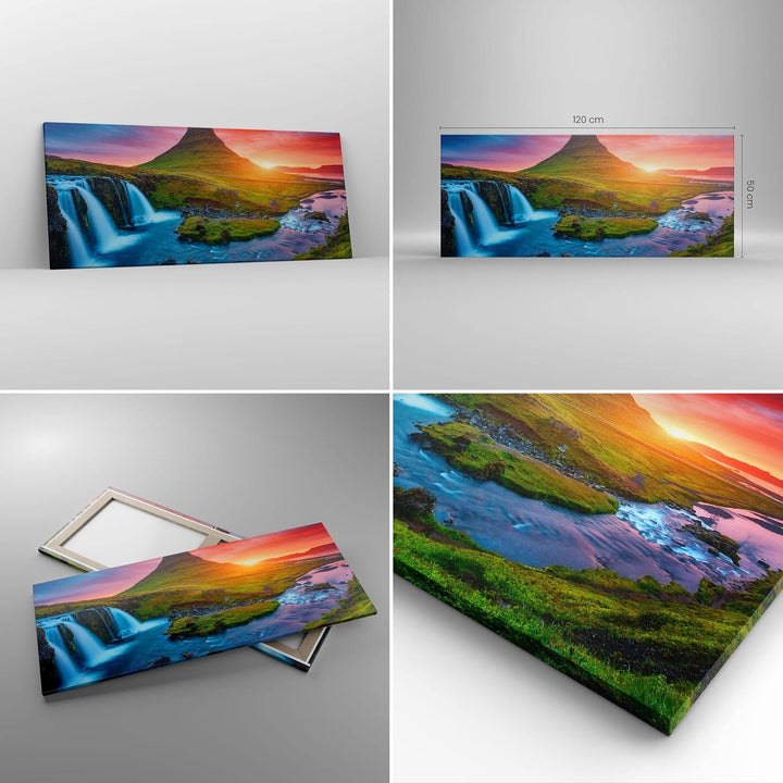 Wandbilder Dekoration Wohnzimmer Sonnenuntergang Wasserfall Island Vulkan Bilder auf Leinwand 120x50