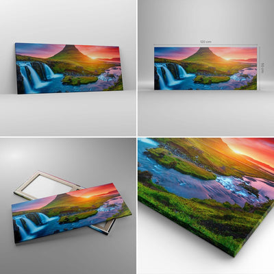 Wandbilder Dekoration Wohnzimmer Sonnenuntergang Wasserfall Island Vulkan Bilder auf Leinwand 120x50