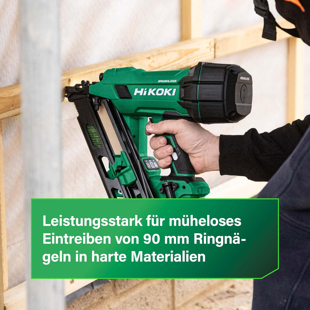 HiKOKI Akku-Streifennagler 34° - 18 V, 50-90 mm Nägel - Leistungsstark, LED-Licht, Brushless Motor,