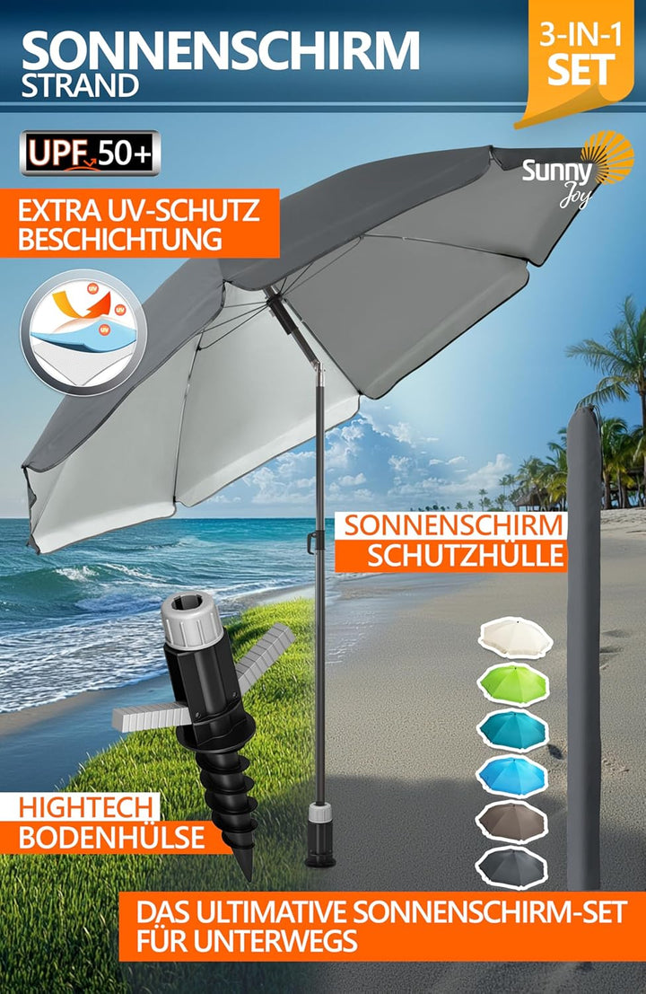 4smile Sonnenschirm Strand SunnyJoy Ø 160 cm, 3er Set - Strandschirm mit UV Schutz 50+, inkl. Sonnen