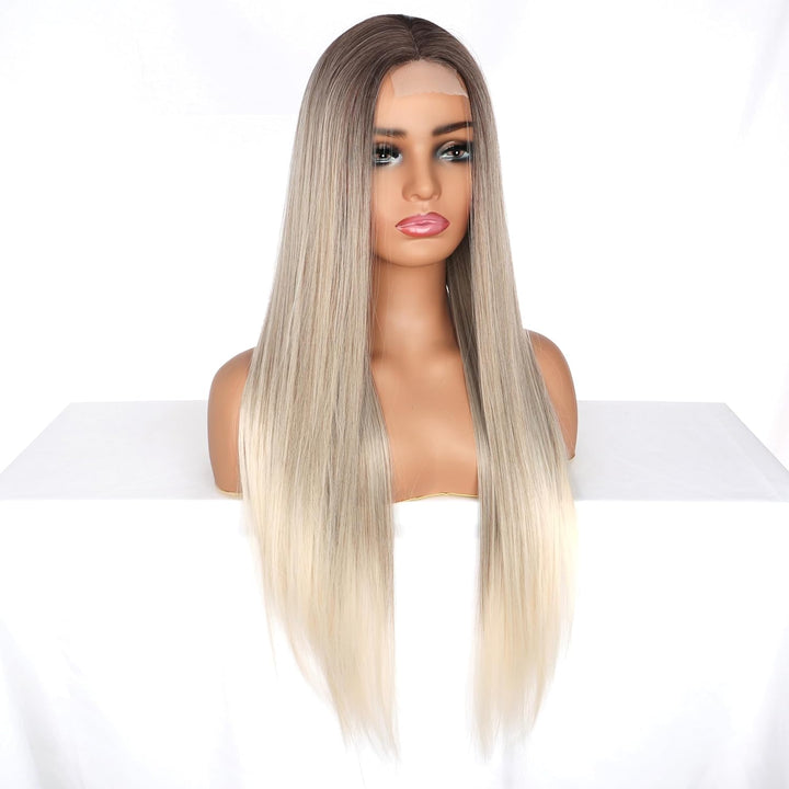 PORSMEER Ombre Blond Perück Lang Glatt Gerade Perücken mit Spitze Mittelscheitel für Frauen/Mädchen