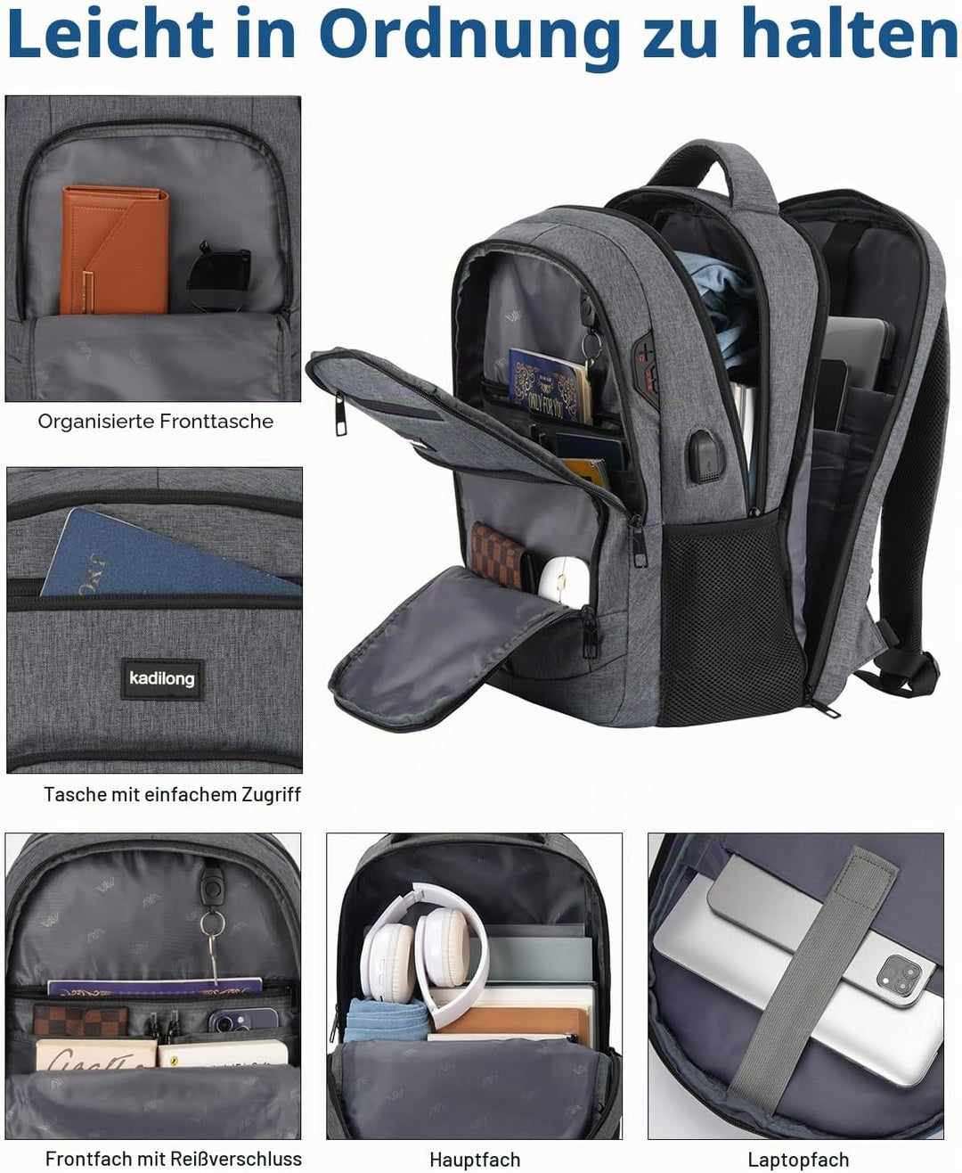 kadilong Rucksack Laptop Herren mit 17,3 Zoll Laptopfach Schulrucksack Jungen Teenager Wasserdicht m