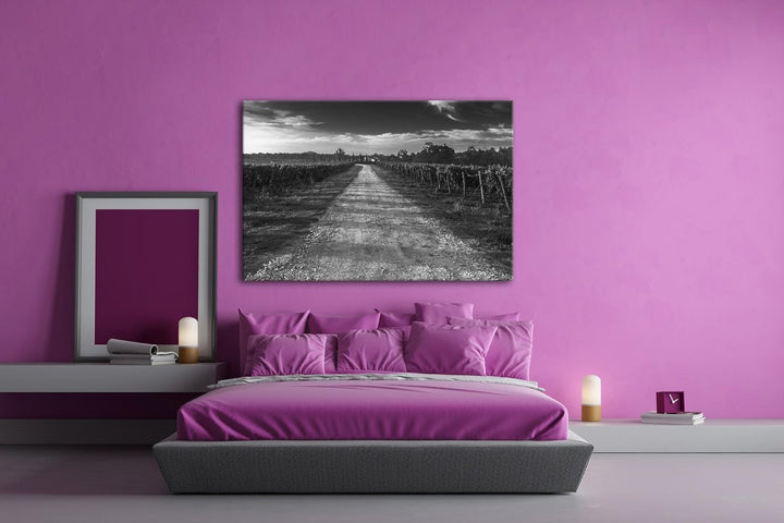Feldweg in der Toskana Effekt: Schwarz/Weiss Format: 100x70 als Leinwandbild, Motiv fertig gerahmt a