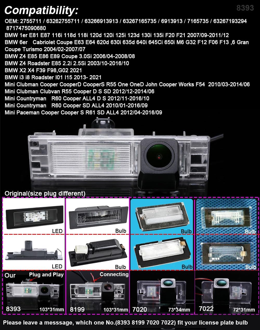 1280P Super HD Nachtsicht Rückfahrkamera Ersatz Pür BMW 1er E81 E87 F20 F21/6er Cabriolet Coupe E63