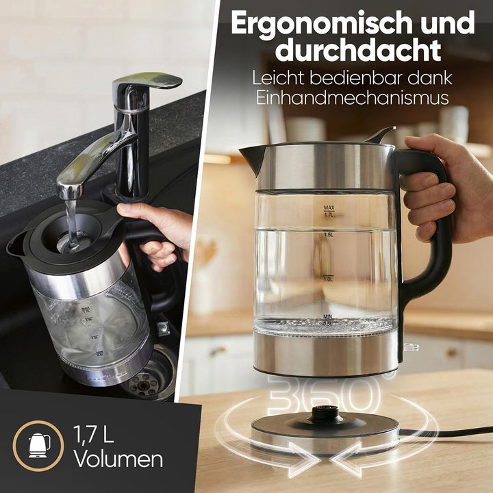ProfiCook® Wasserkocher Glas | 1,7L | 2200W | beleuchtet | BPA frei | Einhandbedienung | 360° drehba