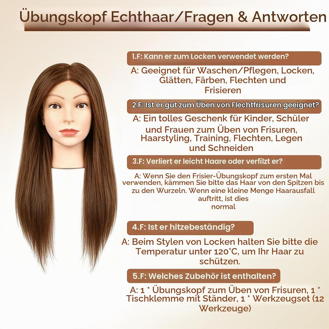 Frisierkopf 100% Echthaar Friseurkopf, TopDirect Übungskopf 22 Zoll 55cm Echthaar Kopf, Frisieren Tr