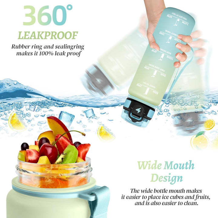 HoneyHolly Trinkflasche 1L, Auslaufsicher mit Zeitmarkierung, Wasserflasche, Sportflasche mit Filter