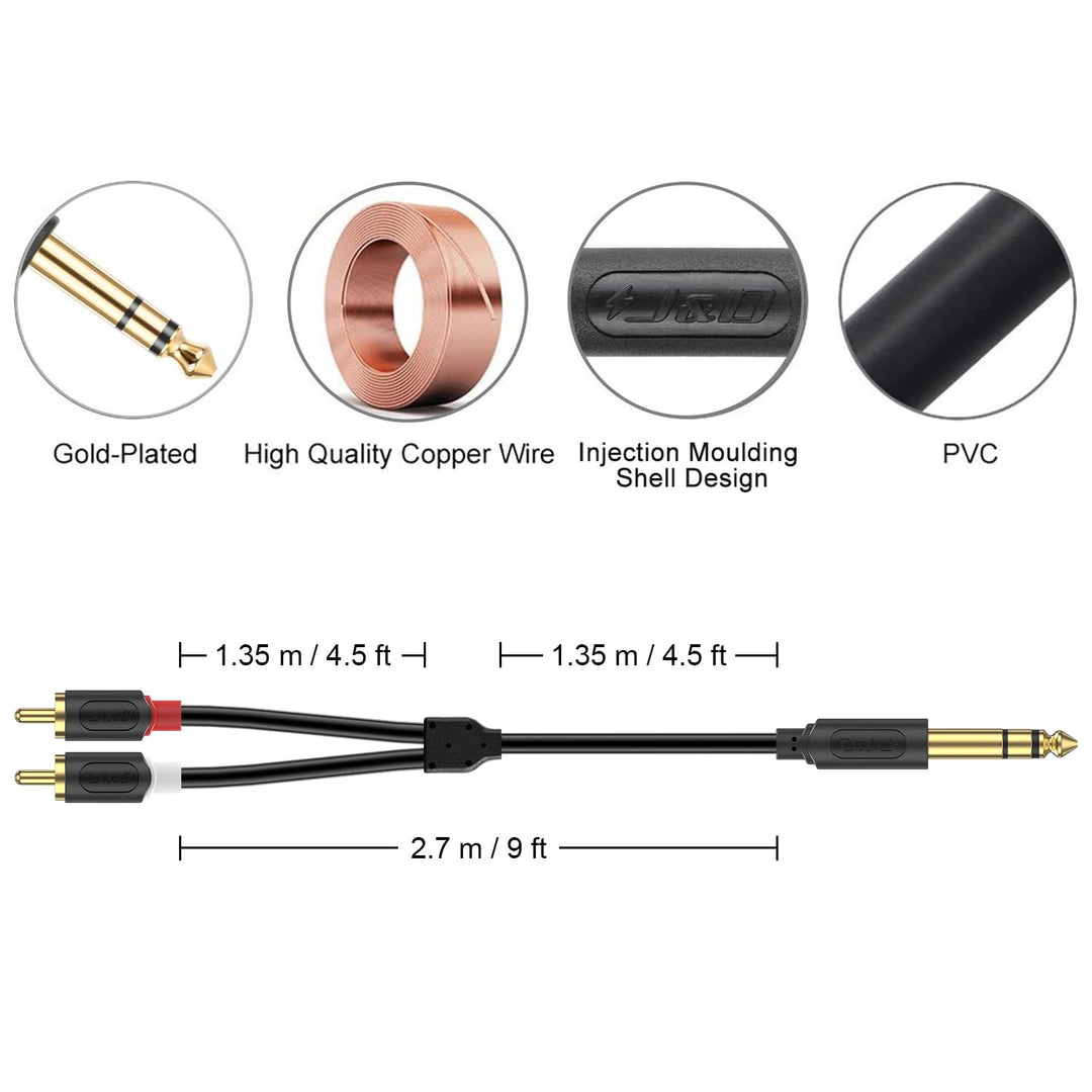 J&D 6,3mm Klinke auf Cinch Kabel, Gold-Plated [AudioWave-Serie] 6,3 mm Stereo Klinke auf 2 x RCA Män