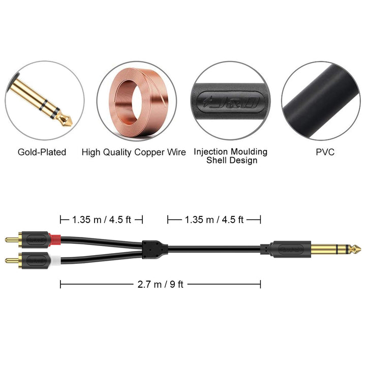 J&D 6,3mm Klinke auf Cinch Kabel, Gold-Plated [AudioWave-Serie] 6,3 mm Stereo Klinke auf 2 x RCA Män