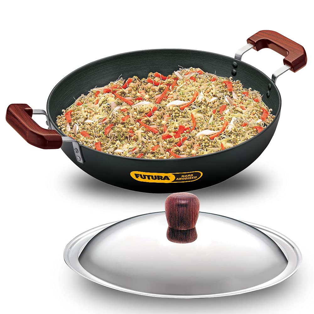 Futura Hard eloxiert deep-fry Pan (Kadhai) mit Stahl Deckel und flacher Boden 7.5L, 7.5L