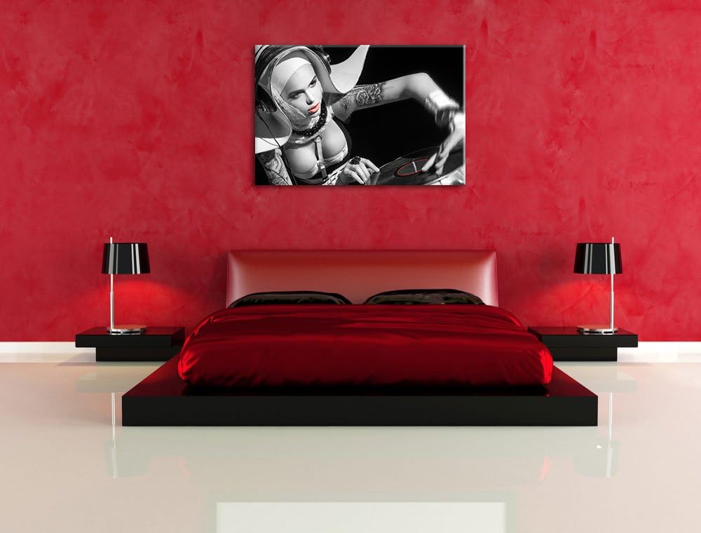 Pixxprint Tätowierte DJ Frau als Leinwandbild/Grösse: 100x70 / Wandbild/Kunstdruck/fertig bespannt,