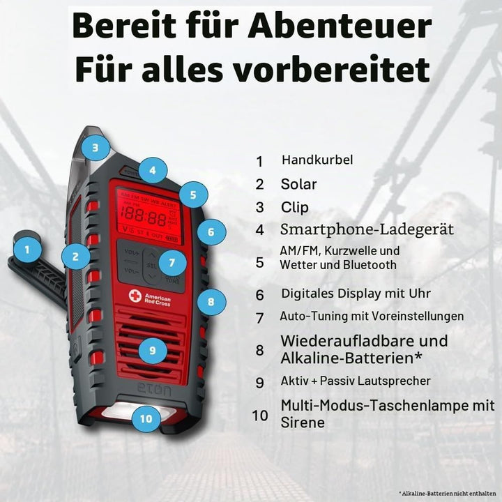 Eton American Red Cross Adventure Series Odyssey Multi-Band-Radio (AM/FM/NOAA/Kurzwelle) mit Bluetoo