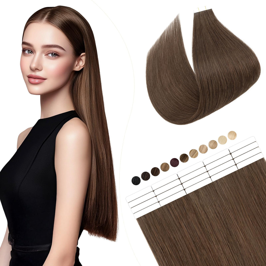 Elailite Echthaar Extensions Tape in 20 Stück Kleberband #2A Leberbraun, 40cm Haarverlängerungen Uns