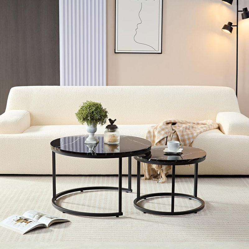 HeyHeaven® Couchtisch Rund Schwarz Marmor 2er Set – Runder Couch Tisch in Marmor Optik mit schwarz M