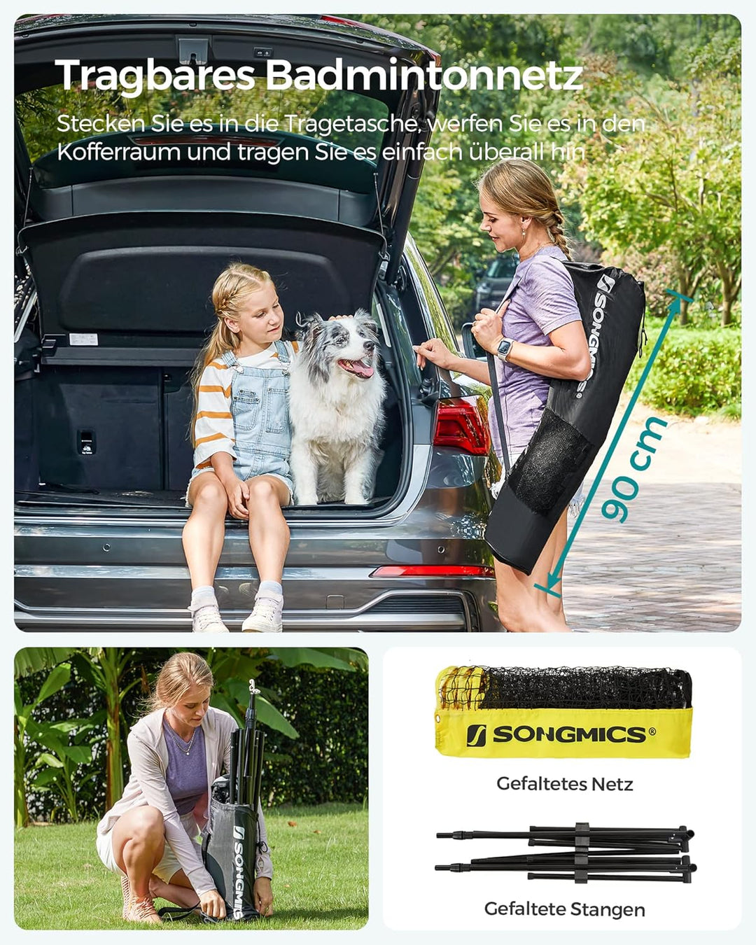 SONGMICS 300 cm/400 cm/500 cm Badmintonnetz, Volleyballnetz, höhenverstellbare Stangen, tragbares Se
