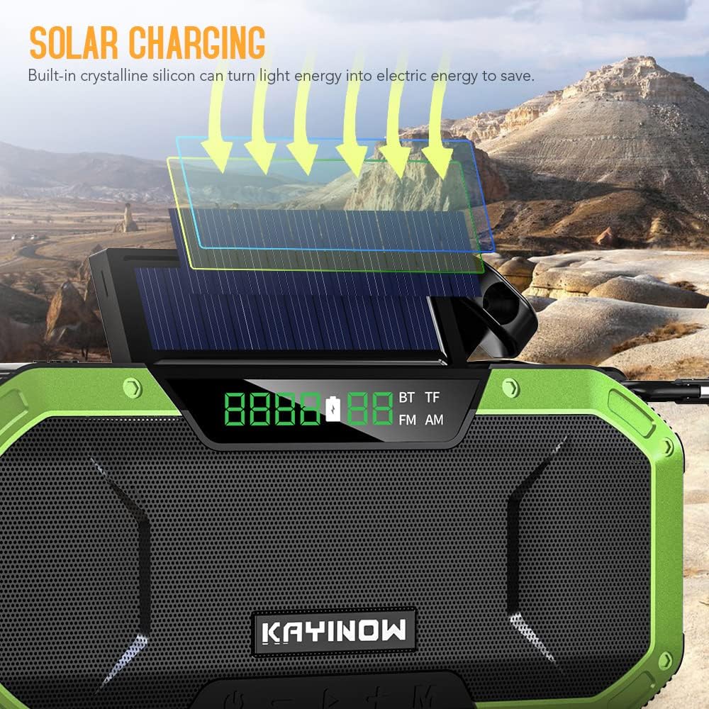 Kavolet Solar Radio, Tragbar Kurbelradio Dynamo Radio mit AM/FM, 5000mAh Power Bank Ladegerät Blitzl