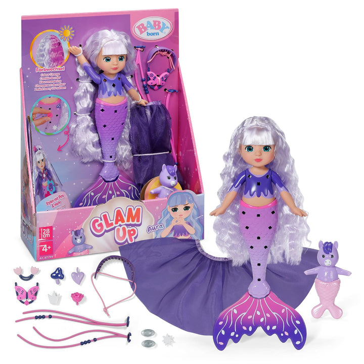 Baby Born Glam Up Aura, Meerjungfrau mit Langen blauen Haaren mit UV-Farbeffekt, zum Stylen mit Stof
