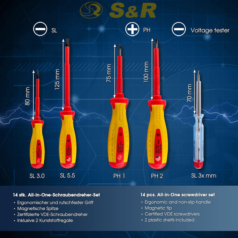 S&R Schraubendreher-Satz 16-tlg, magnetisch, Kreuz/Schlitz/Pozidriv, VDE-isoliert, Cr-Mo & S2-Werkze