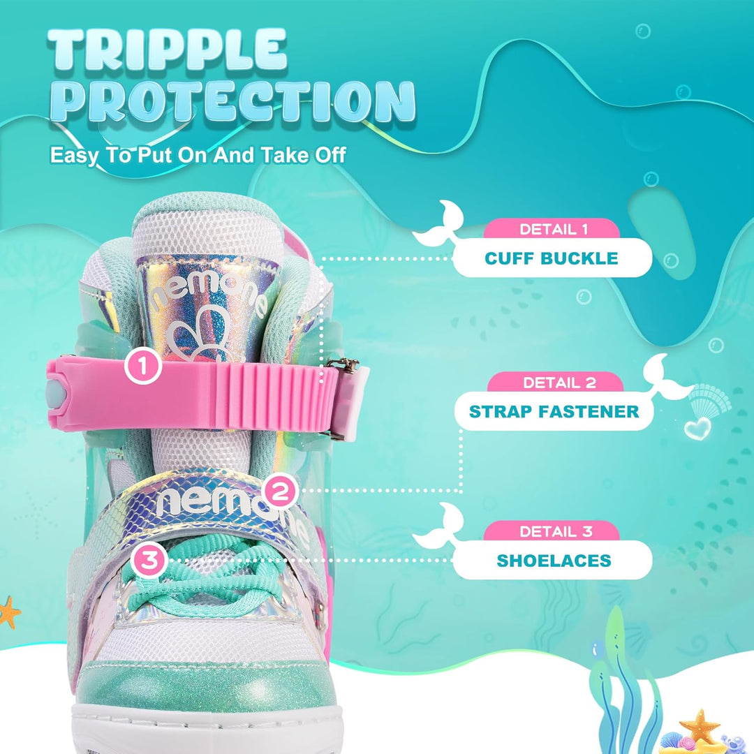 NEMONE Rollschuhe für Mädchen Kinder 4 Grössen Verstellbar Blau Violett Rollschuhe für Kinder Drinne