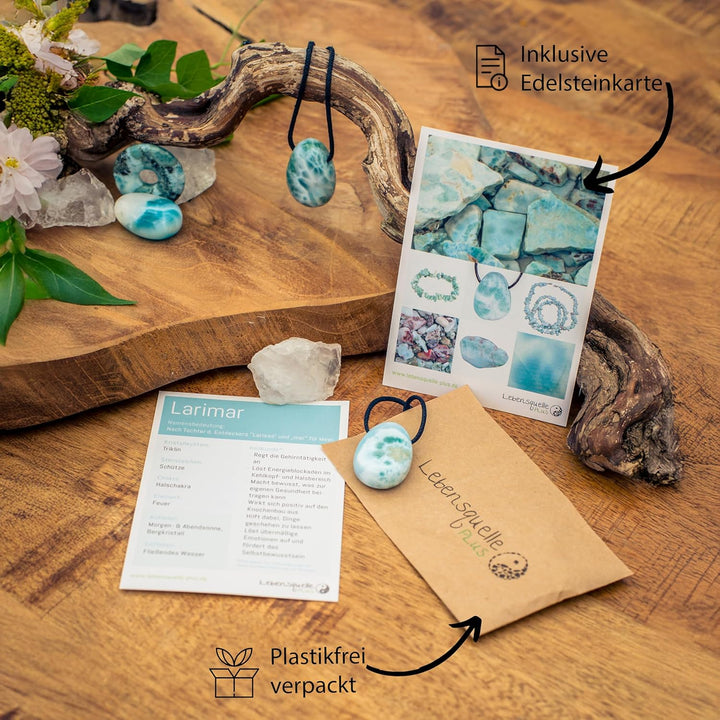 Lebensquelle Plus Larimar Tropfenanhänger | Gebohrter Trommelstein Anhänger mit Baumwollband | Hochw